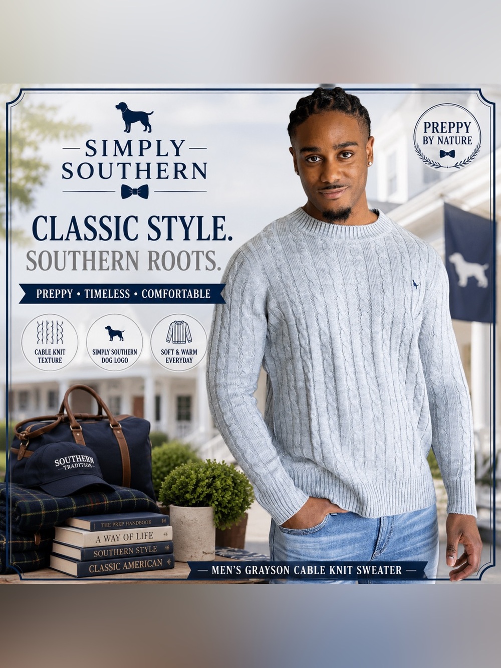 NWT Simply Southern Grayson Cable Knit Sweater Men’s Large Grey Crewneck Preppy